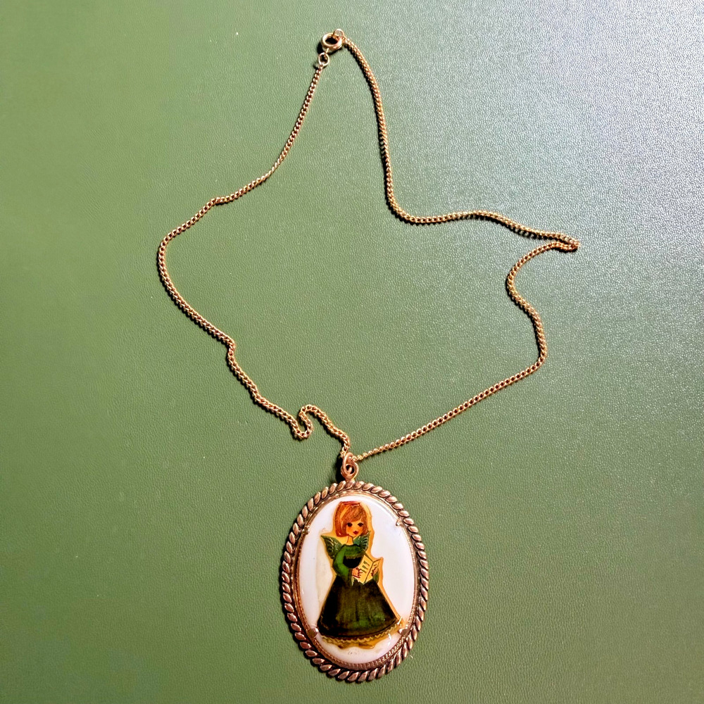 Vintage Girl Pendant Necklace Oval Cameo Style Reading Book Gold Tone 2”